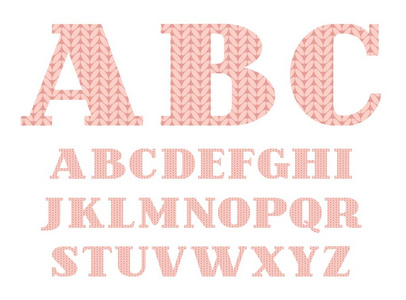 针织字体英文字母矢量粉红色。 英文字母的大写字母。 带有衬线的字母。 粉红色针织物的模拟。 矢量图。
