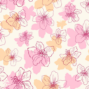 无缝矢量花卉图案, 粉红色樱花轮廓艺术为贺卡, 包装设计化妆品