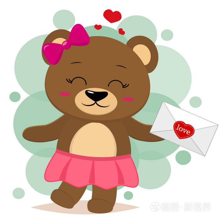 棕色的熊在一条裙子和粉红色的弓持有一个字母的爪子, 在风格的卡通