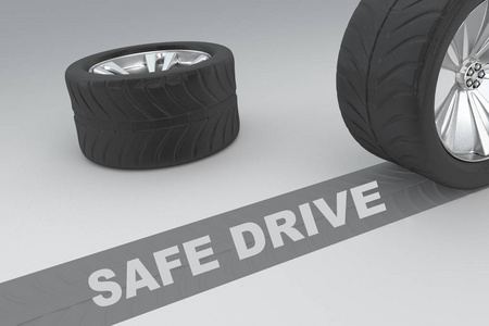 安全驱动概念图像3D渲染车轮与轮胎和标志在黑暗的痕迹显示制动距离在灰色背景