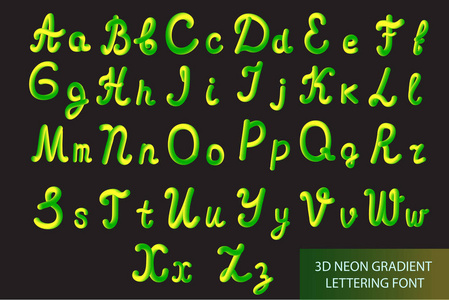 霓虹灯3d 排版与圆形的形状。管手绘刻字。已绘制的字母的字体集。夜光效果或液体。从 A 到 z 矢量插图的时髦字母拉丁字母