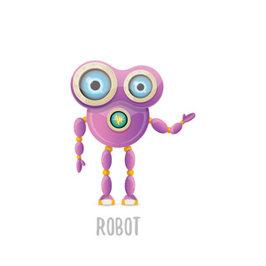 矢量搞笑卡通紫色友好的机器人字符孤立在白色背景。儿童3d 机器人玩具。聊天机器人图标