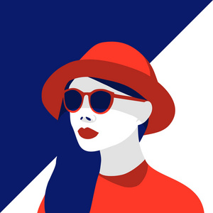 时尚女性戴红色帽子和时尚太阳镜的矢量插图。 蓝色和红色负空间对比
