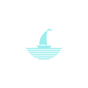 平的海蓝宝石蓝色剪影小船与风帆和少许挥动的旗子在水