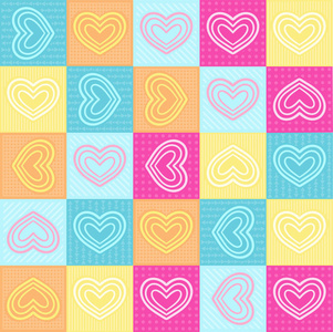 五颜六色的无缝图案与心。 设计织物纸壁纸