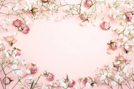 粉红色 backgrou 的白色小花和玫瑰的框架