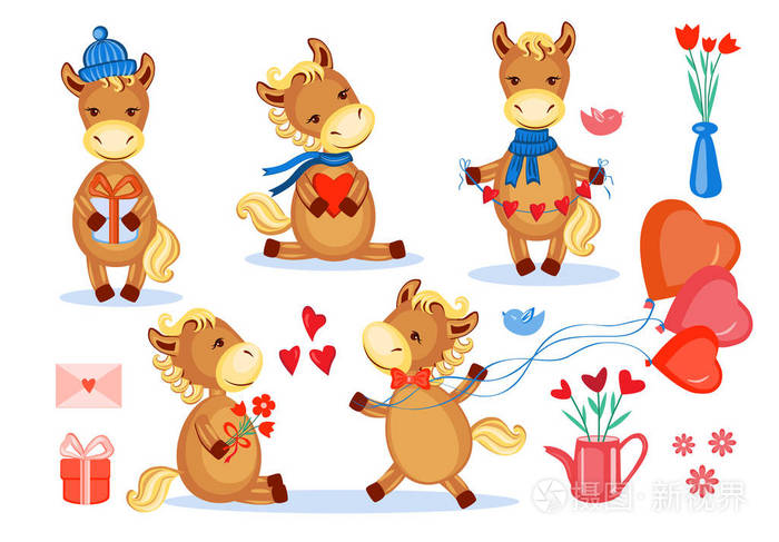 情侣马矢量套装儿童卡通动物造型, 家养可爱的小马驹在白色, 农民动物