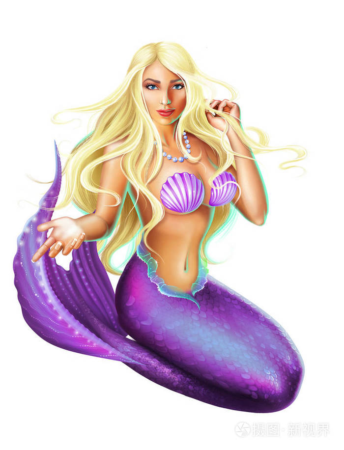 美人鱼孤立在白色背景上详细的光栅插图水下若虫与紫罗兰尾巴和贝壳在