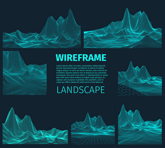 抽象矢量线框景观背景。网络空间网格。3d 技术说明。用于演示的数字