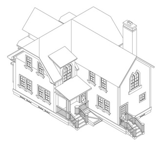 维多利亚风格的老房子。白色背景上的插图。轮廓线中的黑白插图。种类从不同的边