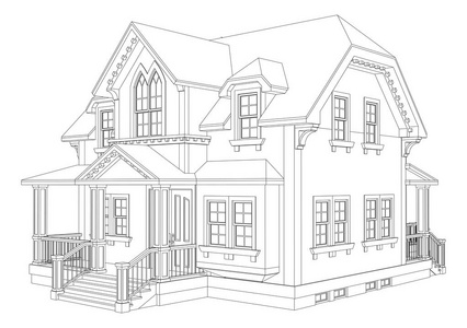 维多利亚风格的老房子.白色背景上的插图.轮廓线中的黑白插图.