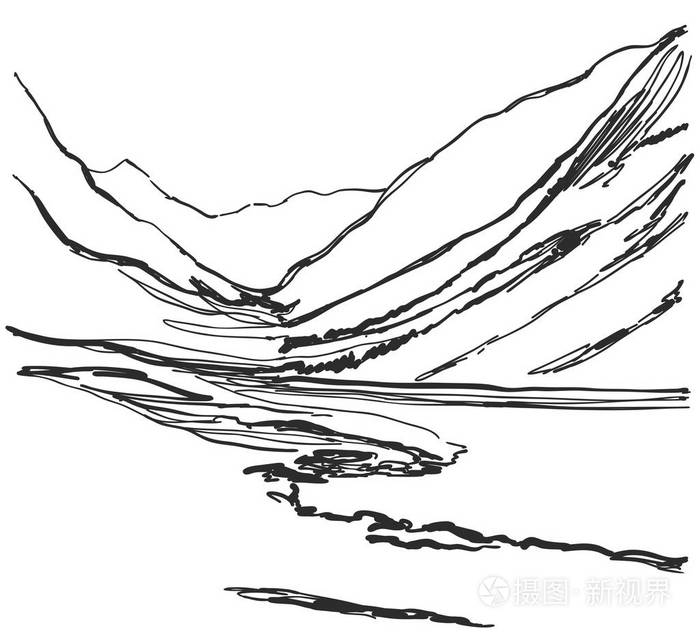 手绘山草和树的素描景观.线路设计