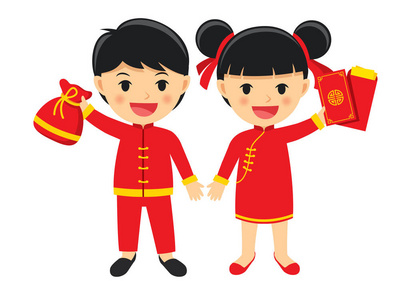 快乐男孩和女孩在传统衣裳庆祝得到中国人