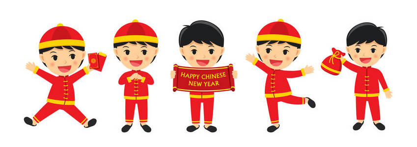 快乐的中国新年男孩在传统衣裳庆祝。设置