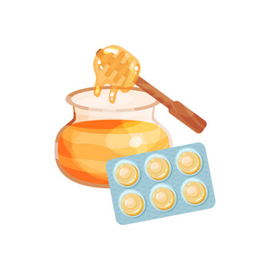 蜂蜜味的锭剂, 吮喉痛的糖果和止咳药卡通矢量插图照片