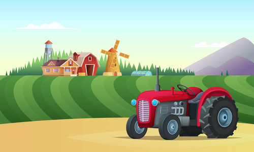 农村农场景观。在前景和地平线上的农场拖拉机。矢量概念