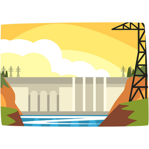 水力发电厂, 水能产业概念, 可再生资源水平矢量图解照片