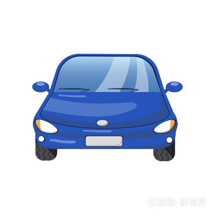 蓝色汽车前视图, 汽车保险概念卡通矢量插图