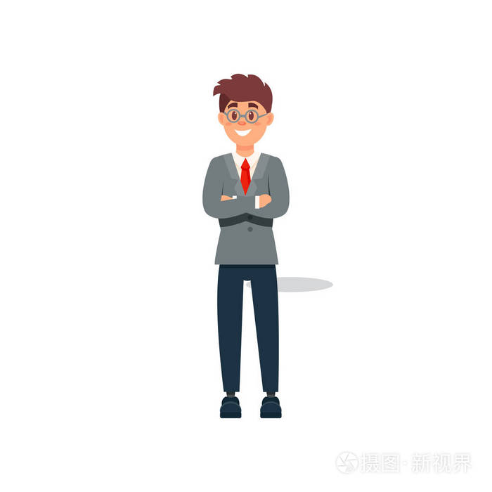 微笑生意人在正式衣裳站立与折叠的手, 商业字符工作在办公室卡通矢量