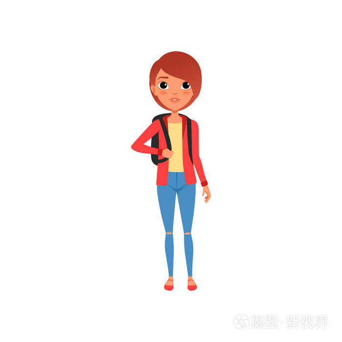 卡通女主人公身穿红夹克,黄色 t恤和蓝色牛仔裤.