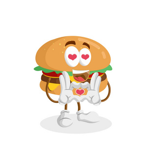 汉堡吉祥物和背景在爱情姿态与平面设计风格为您的吉祥物品牌。