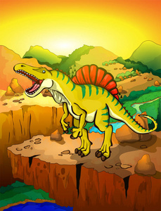 可爱的卡通 spinosaur 与风景背景。卡通恐龙的矢量插图