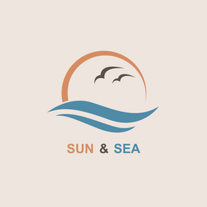 带有太阳波和海鸥的海洋标志的抽象设计