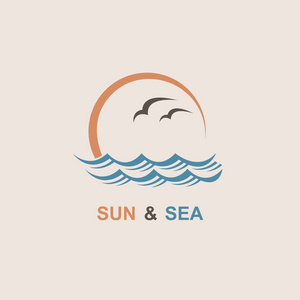 带有太阳波和海鸥的海洋标志的抽象设计