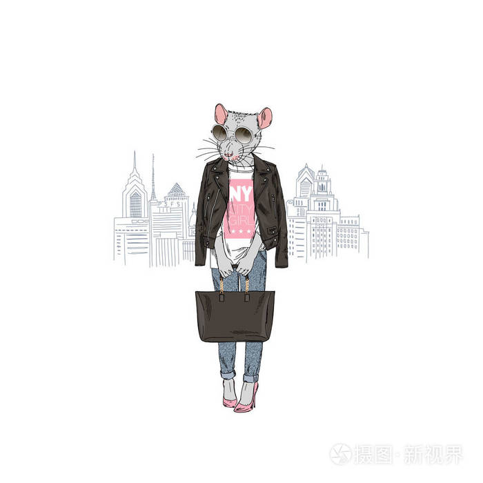 纽约市老鼠女孩拟人化动物插图插画 正版商用图片1149sb 摄图新视界