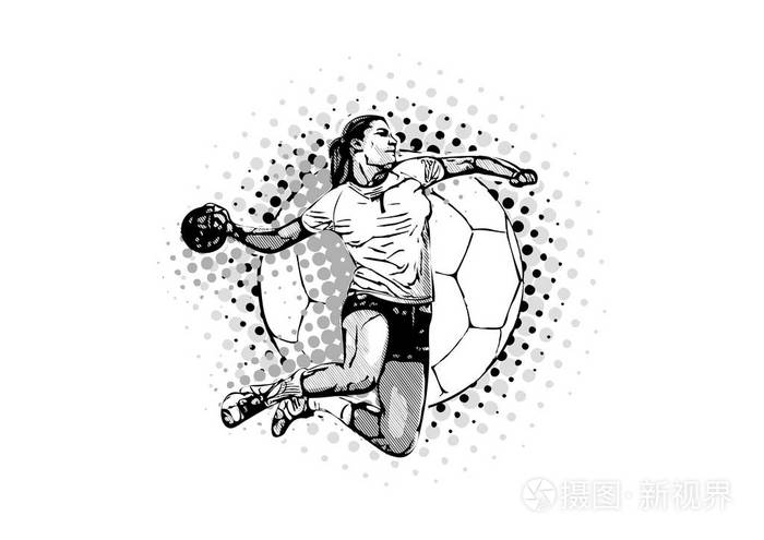 女子手球矢量插图