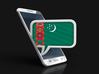 带有土库曼斯坦国旗的触摸屏智能手机和语音泡沫。 裁剪路径图像