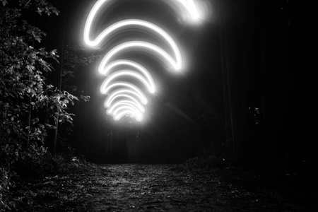 疯狂的灯光在森林中，澳大利亚森林的手机灯与长快门速度，黑白拍摄，没有颜色