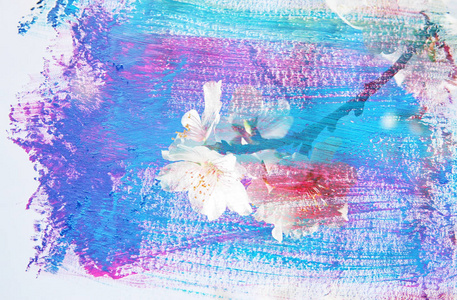 樱桃树的梦幻抽象形象。 双曝光效果，水彩刷笔画纹理