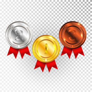 冠军金, 银和铜牌与红丝带图标标志的第一, 第二和第三位集合集在透明背景上隔离。矢量插图