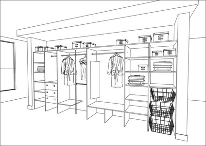 3d 矢量草图。室内有滑动门的衣柜