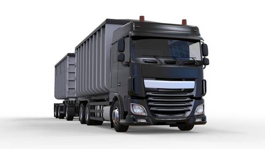 大黑色卡车与分开的拖车, 为运输农业和大厦散装材料和产品。3d 渲染