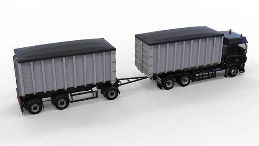 大黑色卡车与分开的拖车, 为运输农业和大厦散装材料和产品。3d 渲染