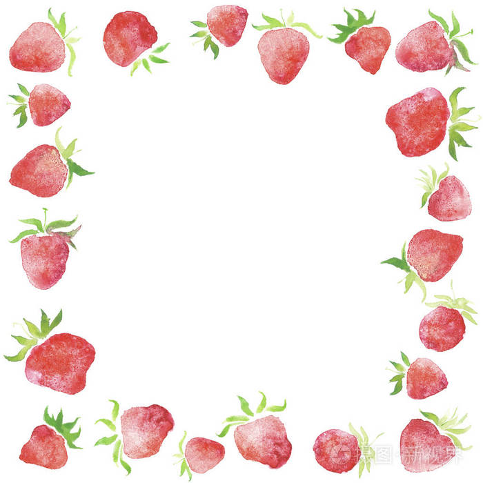 水彩草莓婚礼乡村花圈乡村餐厅横幅背景与自然水彩飞溅绘画纹理.