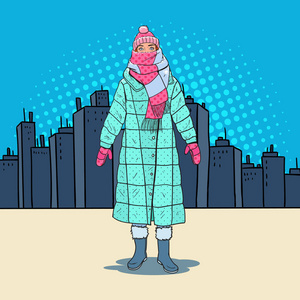 流行艺术美丽的女人在温暖的冬季衣服在城市。寒冷的天气。矢量插图
