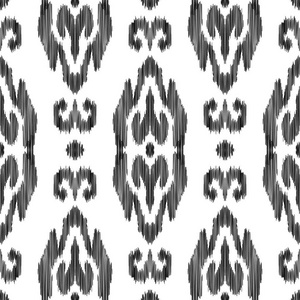 伊卡特无缝图案在达马斯克东方印度马罗坎风格。 矢量背景。 黑白纹理图形。 时尚纺织品印花壁纸卡或包装纸的民族设计。