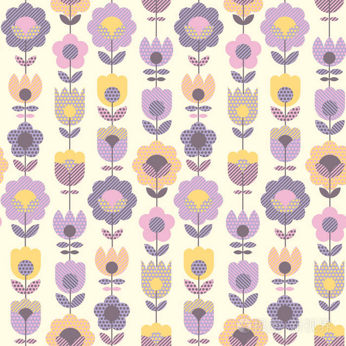 用于织物包装纸 卷筒纸和平面设计的几何装饰花图案 紫罗兰色嫩颜色花抽象可重复的主题在复古样式与几何纹理插画 正版商用图片114vog 摄图新视界