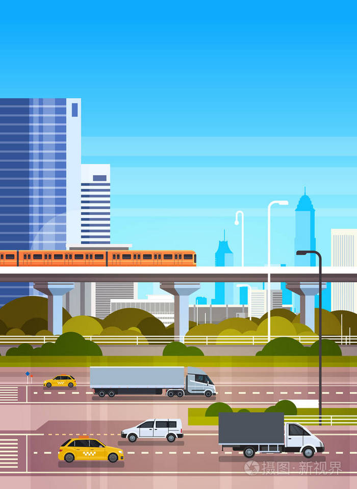 城市背景现代景观与公路和地铁在摩天大楼的看法插画-正版商用图片114