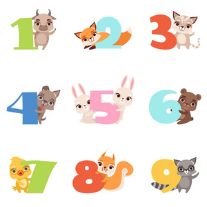 动物松鼠卡通设置与丰富多彩的数字从1到9和动物.