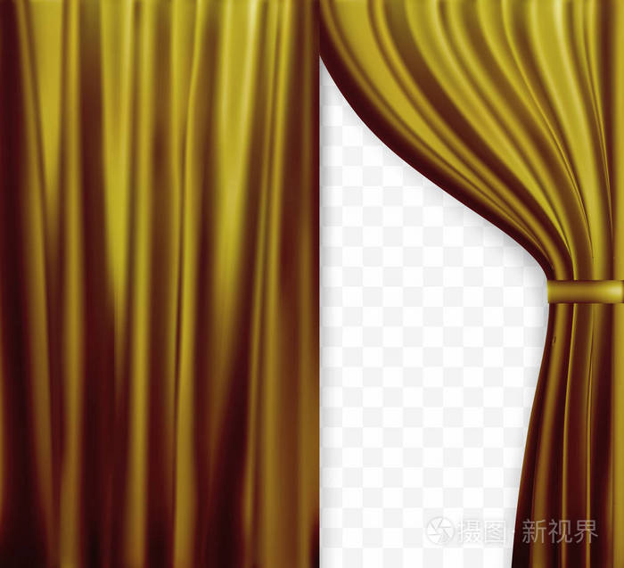 窗帘的自然主义形象, 拉开窗帘金色透明的底色。矢量插图
