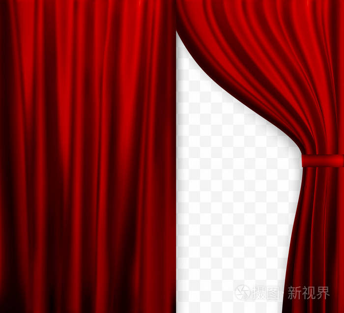 窗帘的自然主义形象, 拉开窗帘的红色透明底色。矢量插图