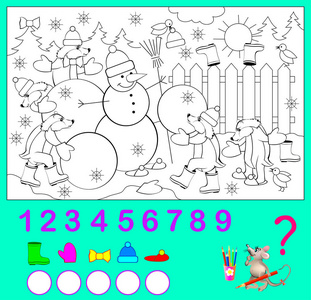 儿童逻辑练习。你能在图片中找到多少物体给它们涂上颜色并写出数字。矢量图像。