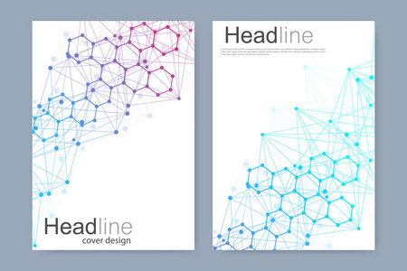 科学的宣传册设计模板。矢量海报布局 分子结构与连接的线和点。科学模式原子 Dna 与杂志 传单 封面 海报设计元素