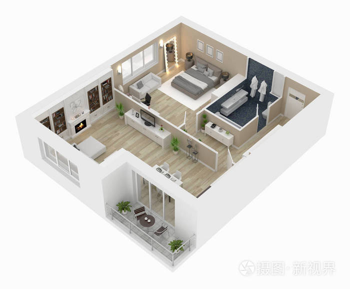 平面图顶视图公寓内部隔离在白色背景上3d译文