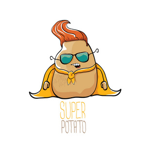 矢量搞笑卡通可爱的棕色超级英雄马铃薯与橙色英雄斗篷和英雄面具孤立的白色背景。我的名字是马铃薯矢量概念。超级蔬菜食品特性