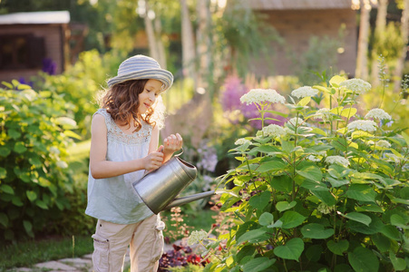 快乐的孩子在阳光明媚的夏日花园里玩小园丁和浇水绣球花小帮手的概念。 孩子们在农村度过暑假。